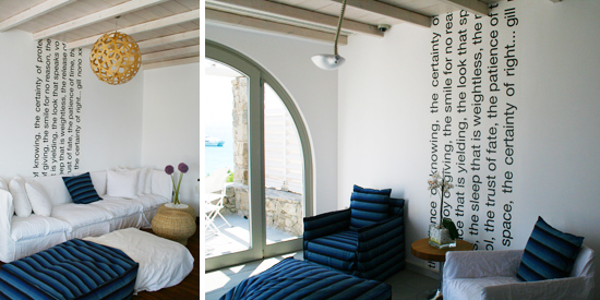 Photos of lounge at Mykonos Grace Hotel with blue and white decor and poem on the wall