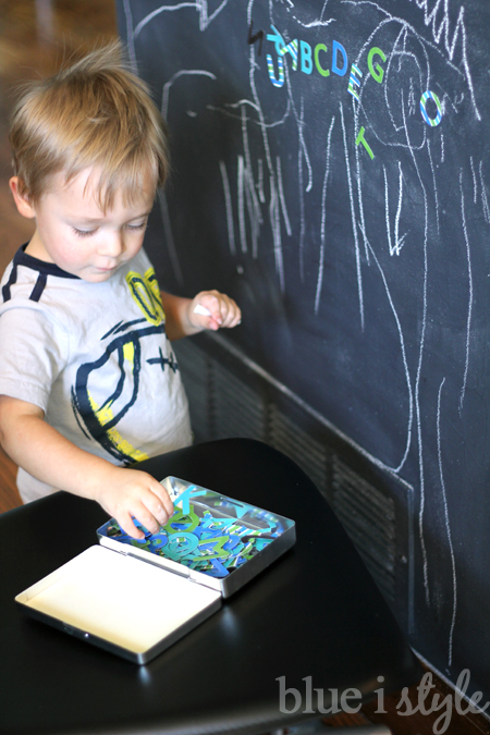 Magnetic chalkboard wall decals with alphabet magnets.