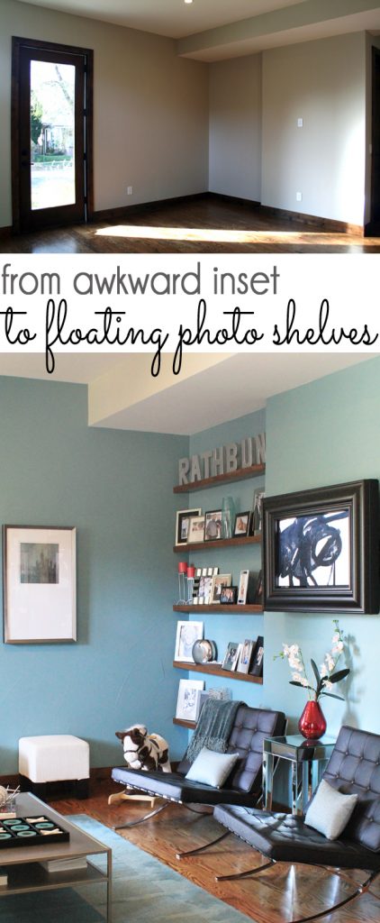 from awkward wall nook inset to floating photo shelves