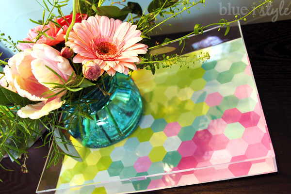 DIY acrylic tray lined with scrapbook paper