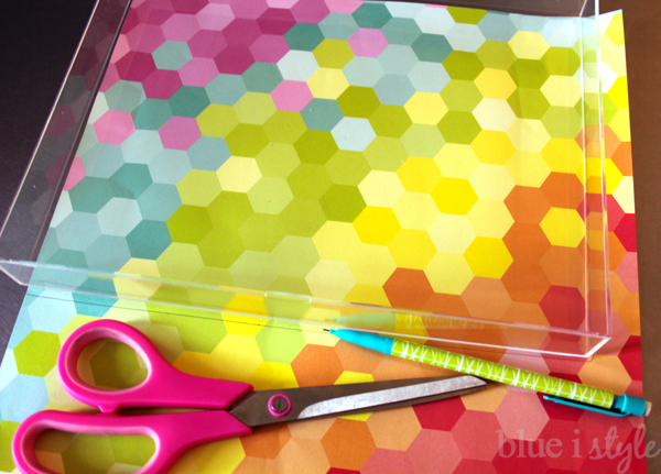 DIY acrylic tray lined with scrapbook paper