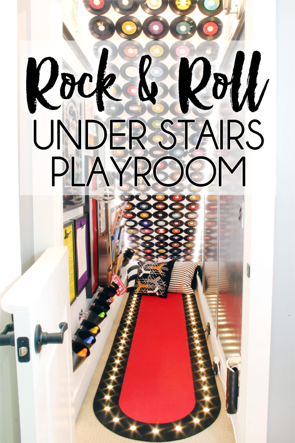 UNDER STAIRS PLAYROOM. The unused storage space under the basement stairs was transformed into a rock & roll themed kids under stairs playhouse.