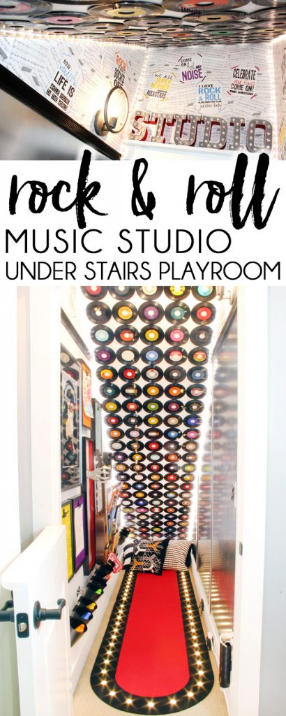 UNDER STAIRS PLAYROOM. The dysfunctional storage space under the basement stairs was transformed into a rock & roll themed kids playroom under the stairs. 
