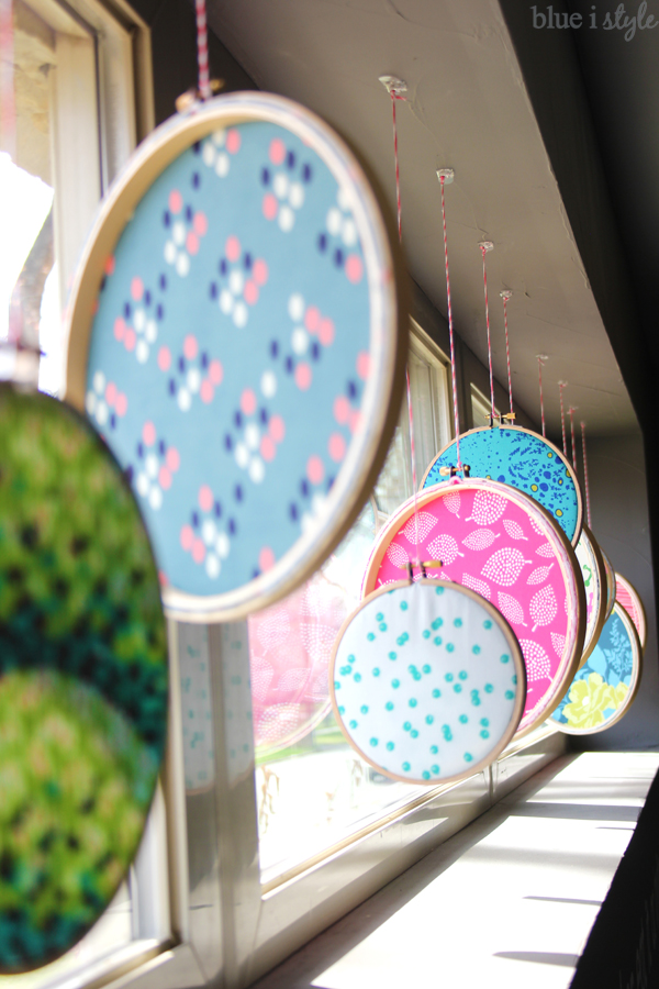 Fabric Filled Embroidery Hoops in Window
