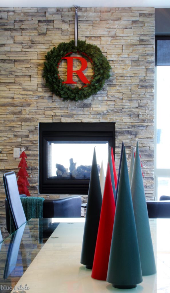 Monogram Christmas Wreath on stone fireplace