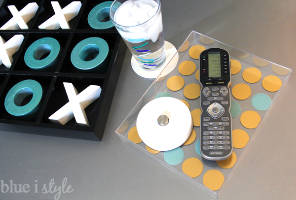 DIY gold polka dot acrylic tray for remotes and coasters