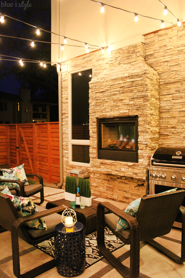 String lights and outdoor fireplace