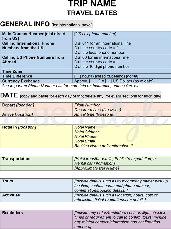 trip organizer template