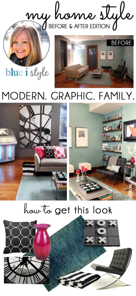 Living room before and after - modern, graphic, family