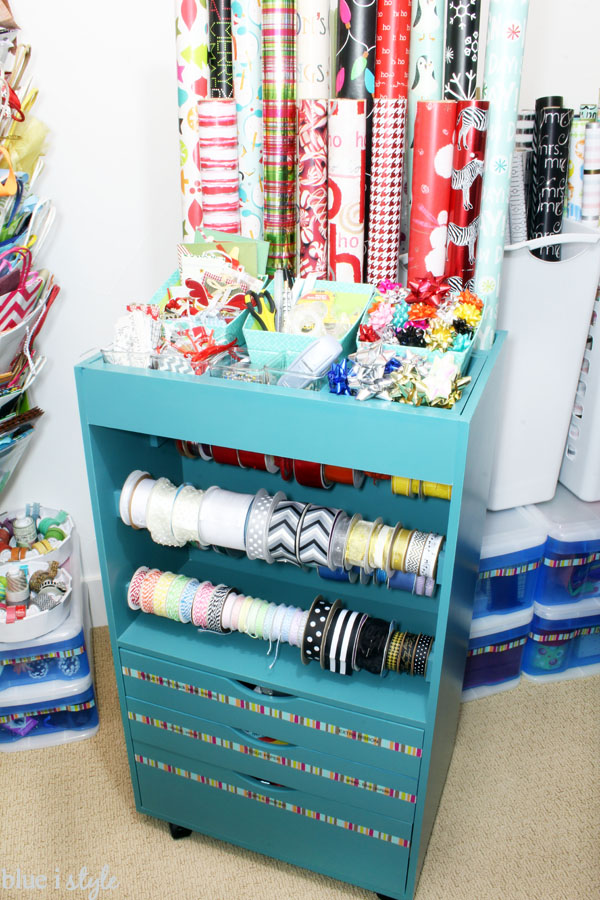 DIY wrapping paper organizer with ribbon holder