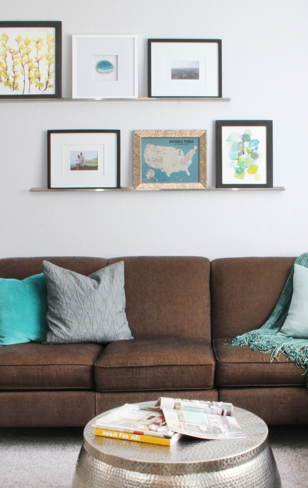 Family Room Makeover Brown Couch Gray Carpet Yellow Teal