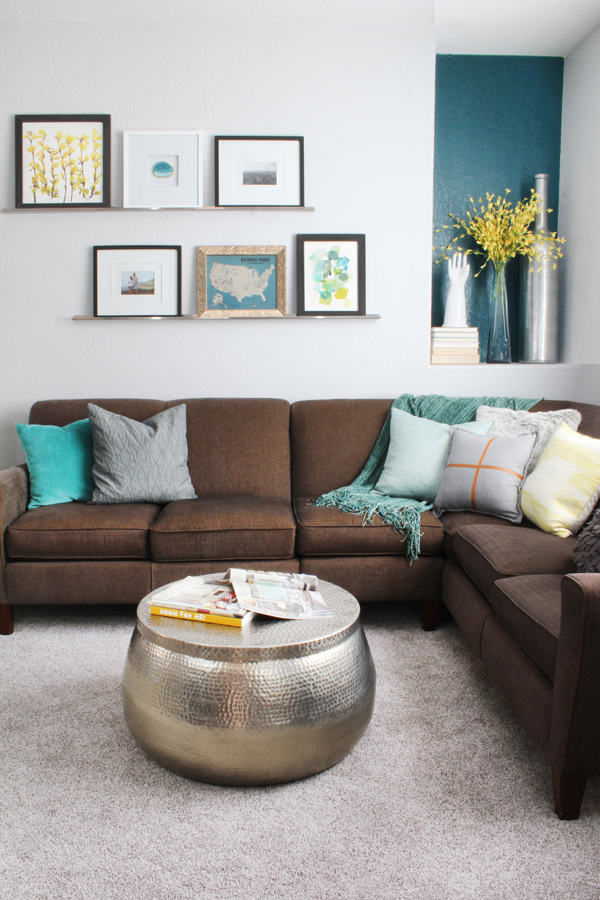 Family Room Makeover Brown Couch Gray Carpet Yellow Teal