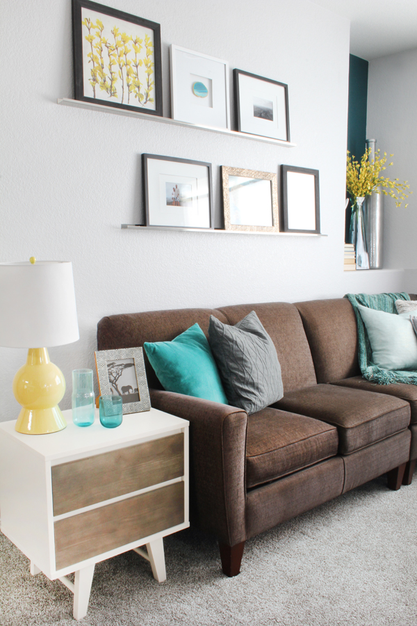 Family Room Makeover Brown Couch Gray Carpet Yellow Teal