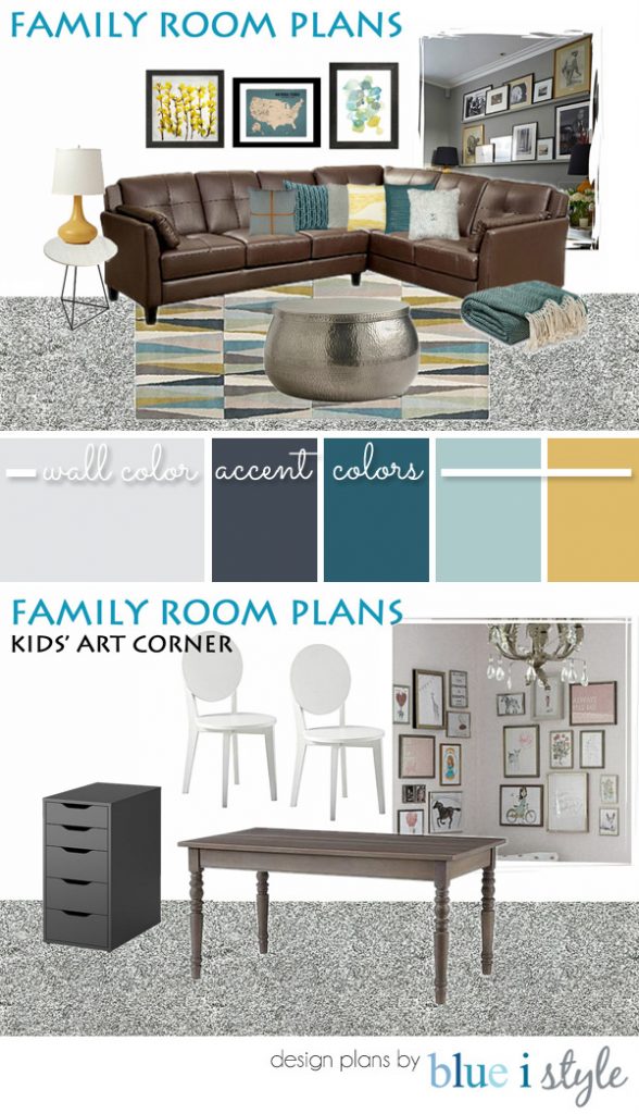 Family room design plans gray brown teal yellow gold