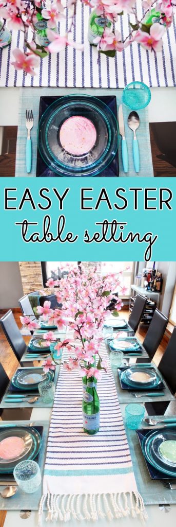 Mix indoor dish, patio dishes, and scrapbook paper for an easy Easter tablescape