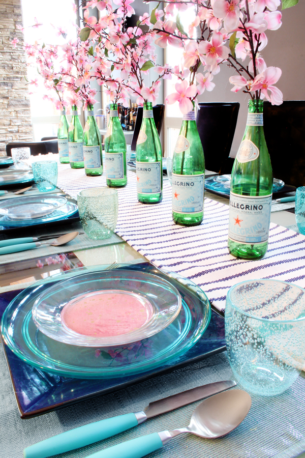 Spring Tablescape with Upcycled Pellegrino Bottle Vases and Cherry Blossoms