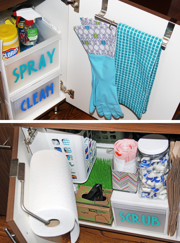 Organize on back of cabinet doors under kitchen sink