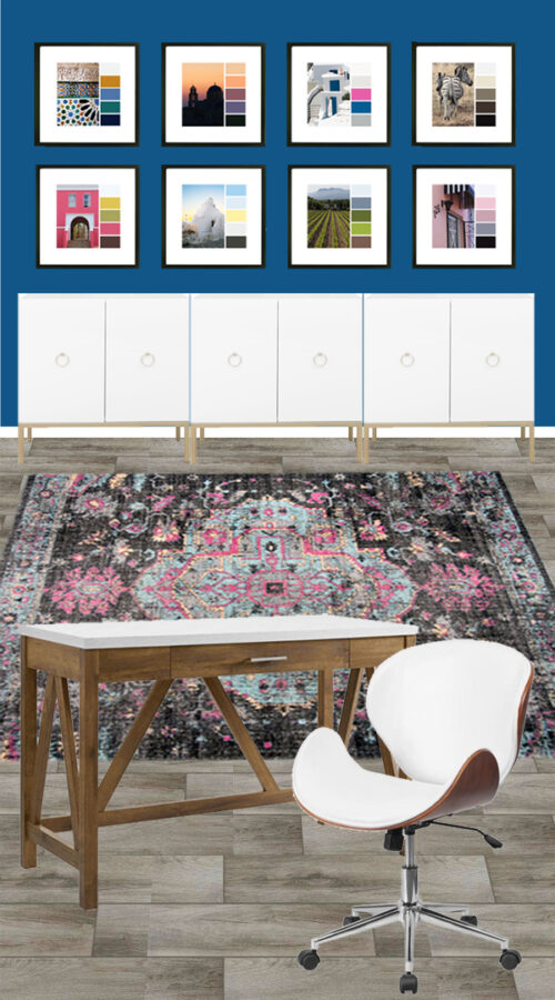Office Decor Ideas for Her with blue walls and pink and black rug