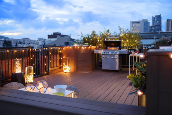 Outdoor dining on rooftop deck BBQ
