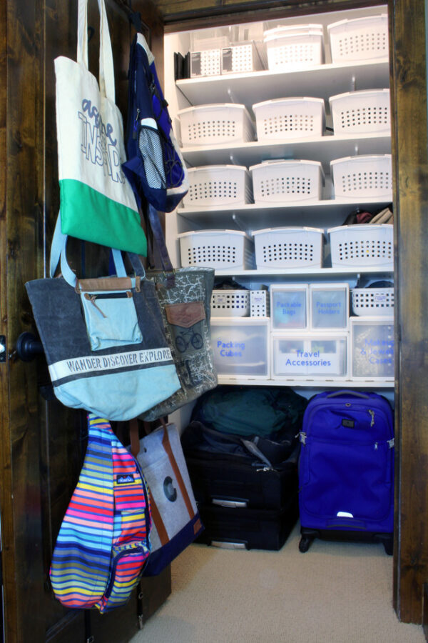 store luggage at home, store backpacks and travel bags, organize travel gear