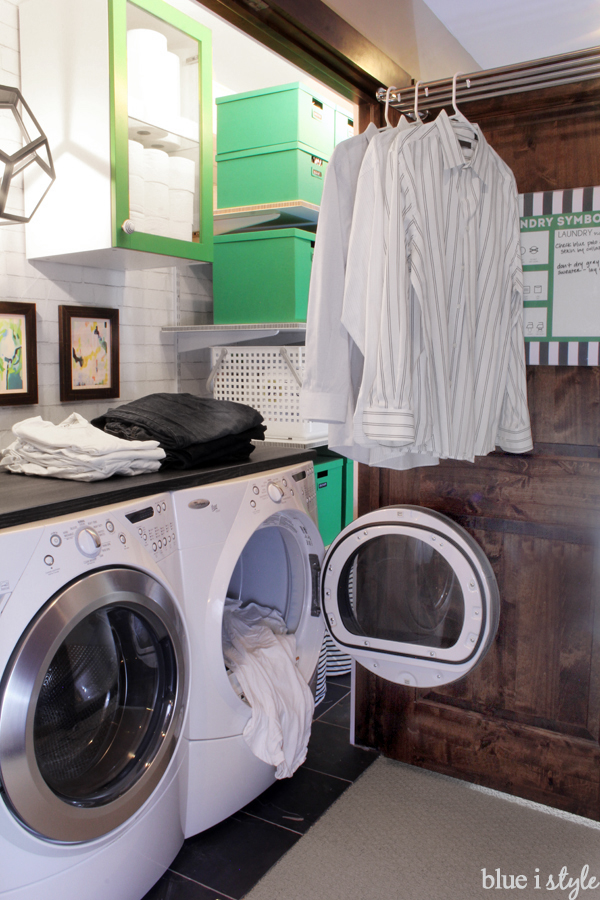 Laundry closets with countertop and space for hanging clothes