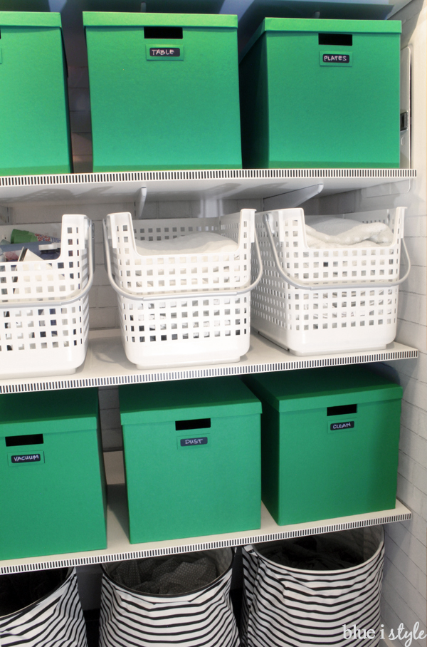 Linen Closet with Matching Baskets on Shelves 