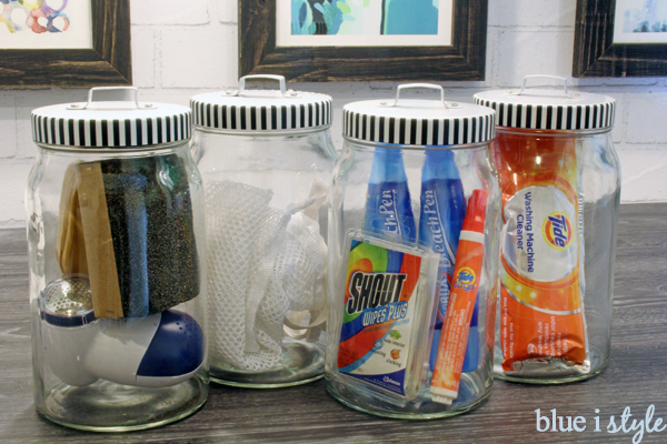 organize laundry supplies in glass jars