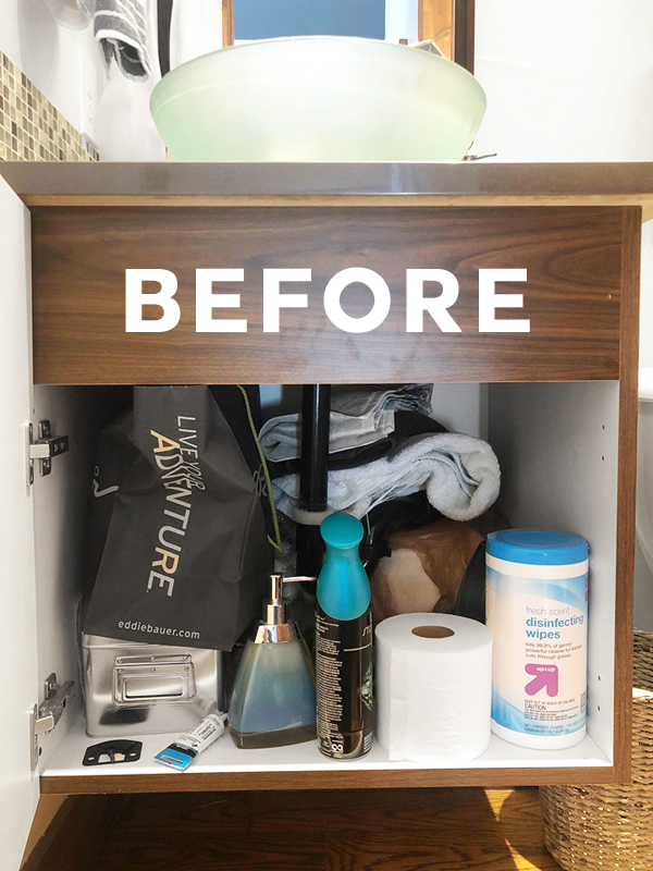 Messy before photo under bathroom sink