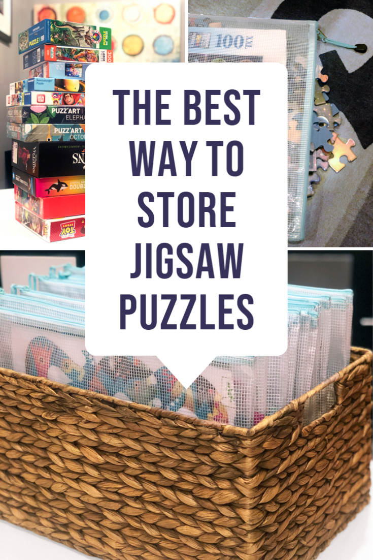 Transfer jigsaw puzzles from boxes to pouches that can be stored in a basket in much less space