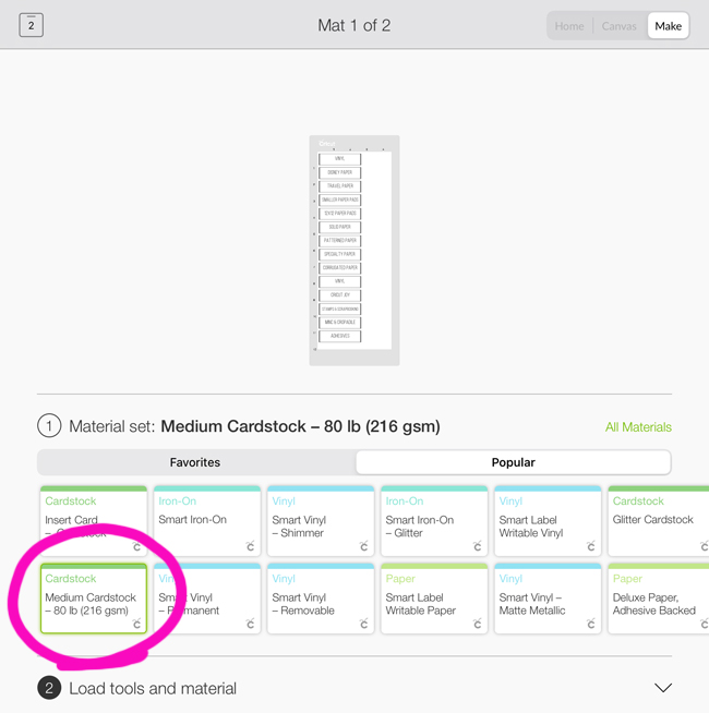 Selecting cardstock as material for Cricut Joy mat cut