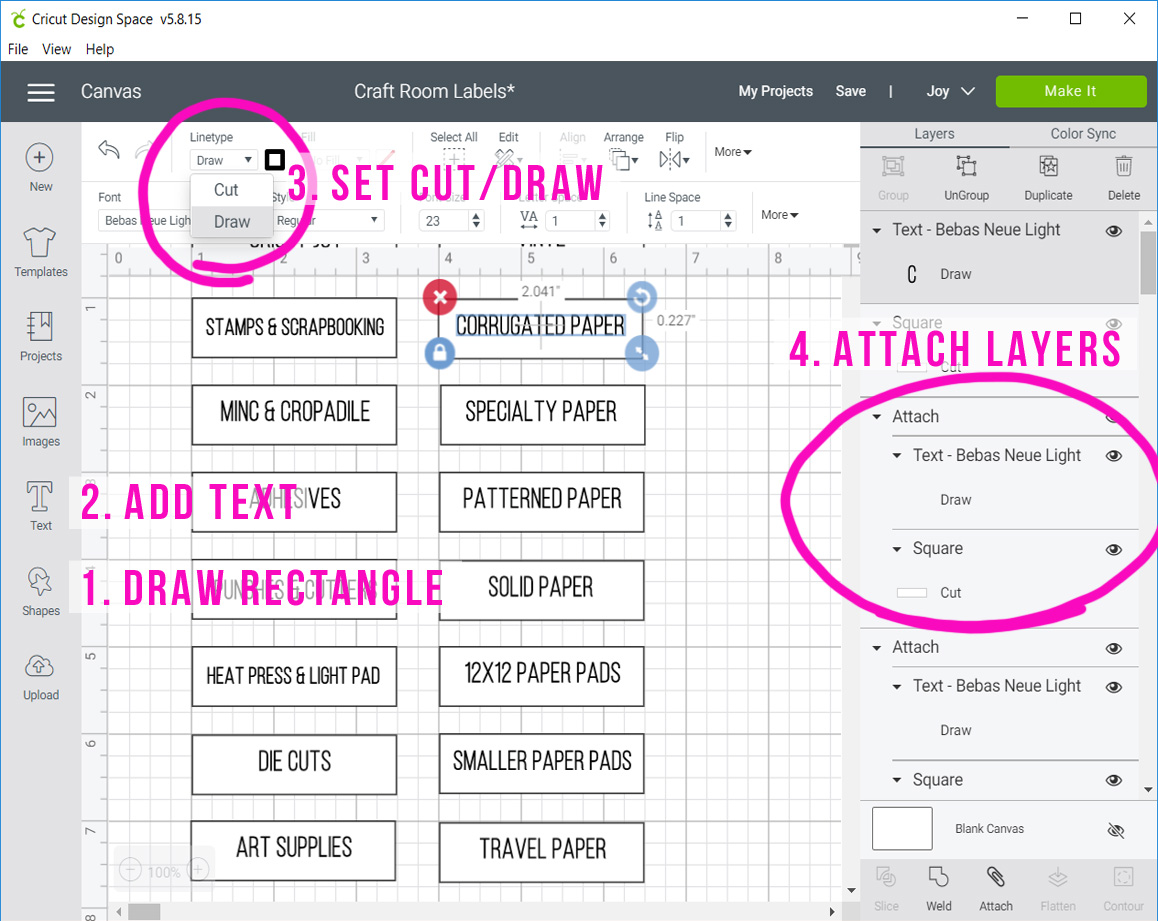 Designing write and cut labels in Cricut Design Space