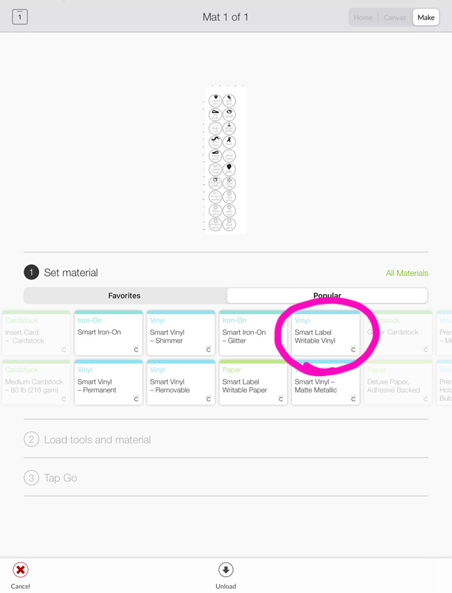 Choosing material type in Cricut Design Space App before cutting