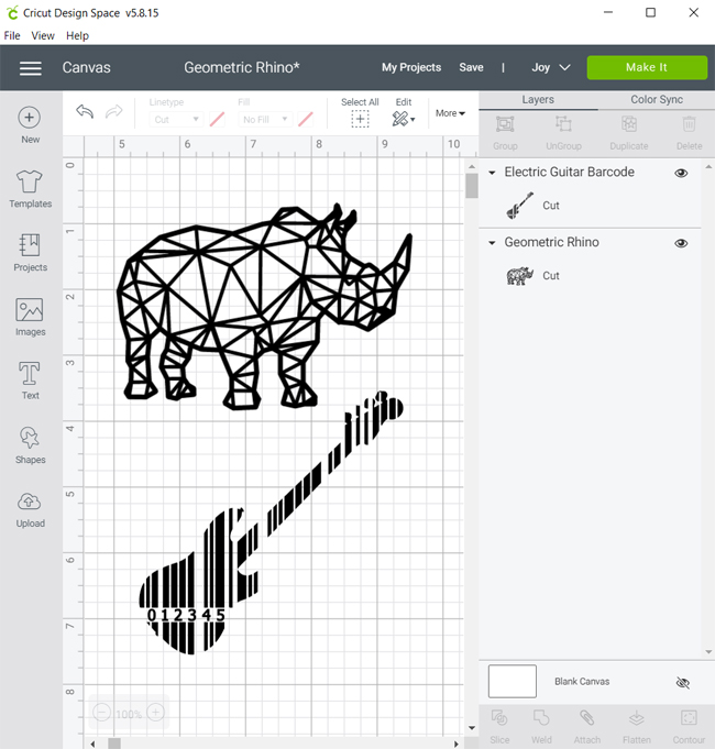 Rhino and Guitar designs in Cricut Design Space