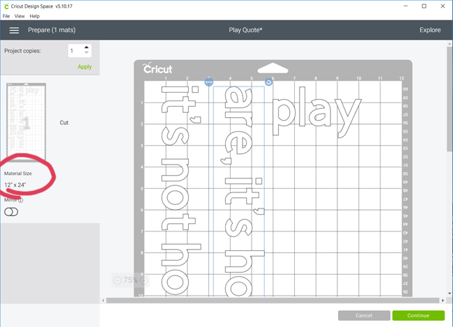 Previewing wall quote in Cricut Design Space before cutting