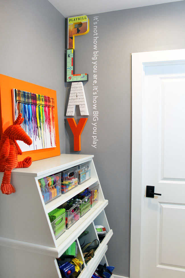 Play room wall decor with giant PLAY letters and a quote about playing