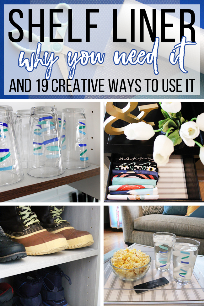 collage of creative ways to use shelf liner for cleaning, organizing and decor