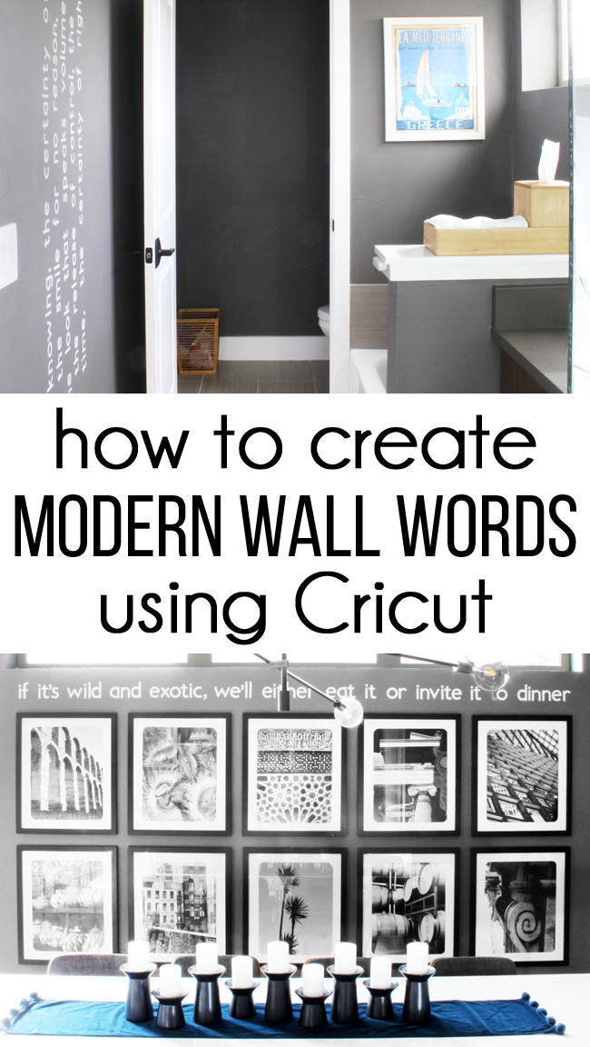 2 examples of modern white wall words on dark gray walls with text How to Create Modern Wall Words using Cricut