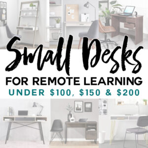 photos of six desks with text overlay small desks for remote learning