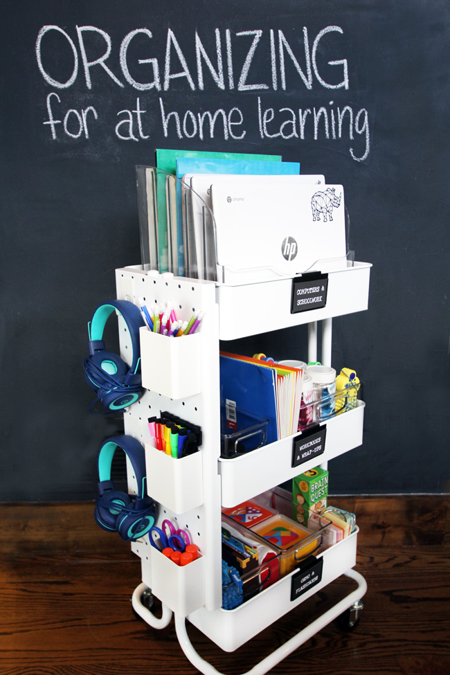 Organized Homeschool Cart for at home learning